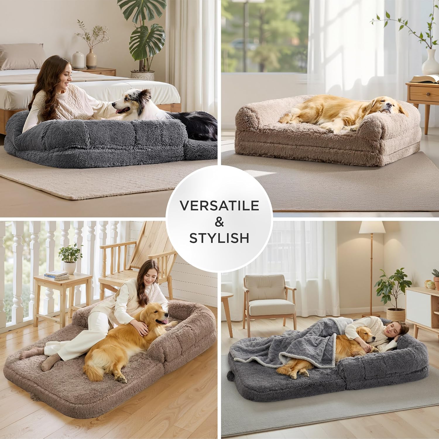 Luxurious Human Dog Bed for Adults - 2-in-1 Foldable Giant Bed with Egg Foam Support, Waterproof Liner & Faux Fur Orthopaedic Sofa, 180x104cm