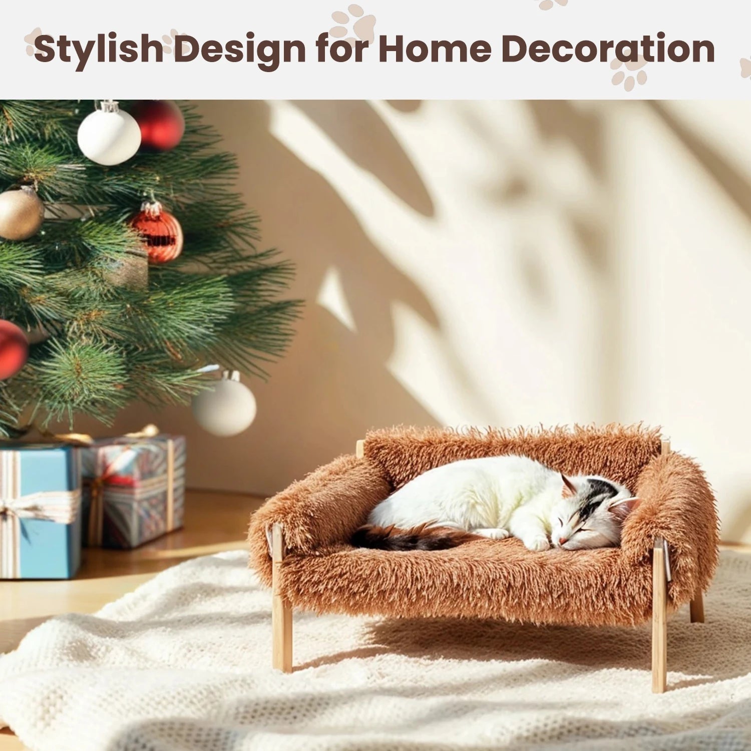 Luxurious Raised Plush Cat Sofa Bed with Sturdy Wooden Legs - Perfect Indoor Comfort for Cats and Kittens