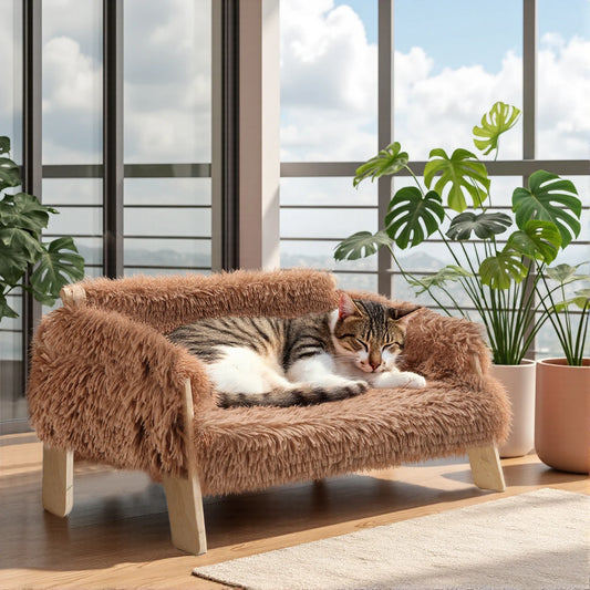 Luxurious Raised Plush Cat Sofa Bed with Sturdy Wooden Legs - Perfect Indoor Comfort for Cats and Kittens