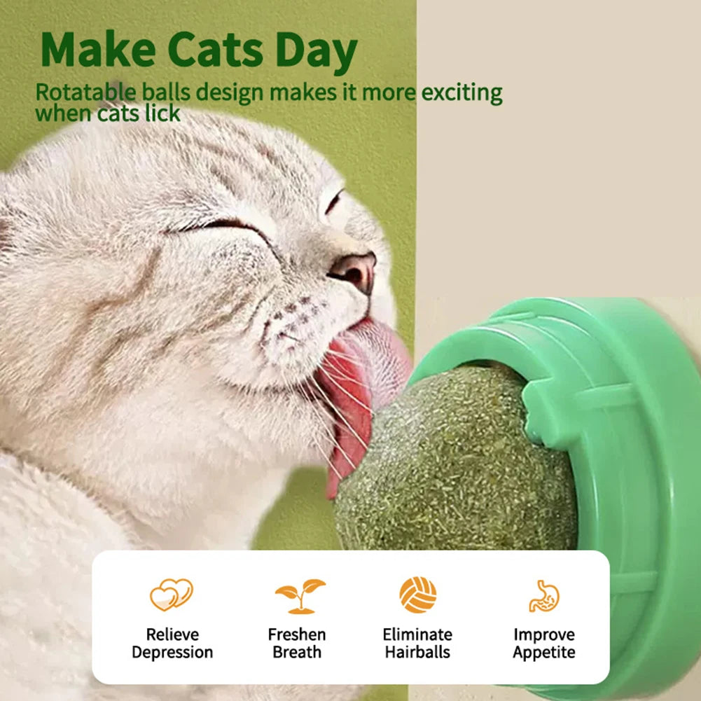 3-Pack Rotatable Catnip Balls for Cats - Self-Adhesive Teeth Cleaning & Lickable Wall Snacks Toy