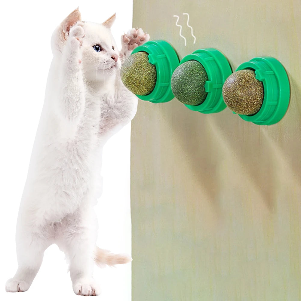 3-Pack Rotatable Catnip Balls for Cats - Self-Adhesive Teeth Cleaning & Lickable Wall Snacks Toy